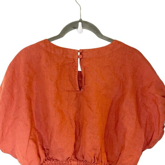 Faherty Linen Shirt Top Short Sleeve Cropped Puff Peasant Orange Elastic Hem S - Picture 3 of 6